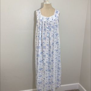 Eileen West SZ M Blue Stripe & Floral Print Cotton Sleeveless Ballet Nightgown